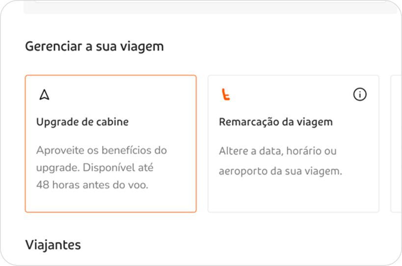 Em Gerenciar sua viagem, selecione Upgrade de Cabine.